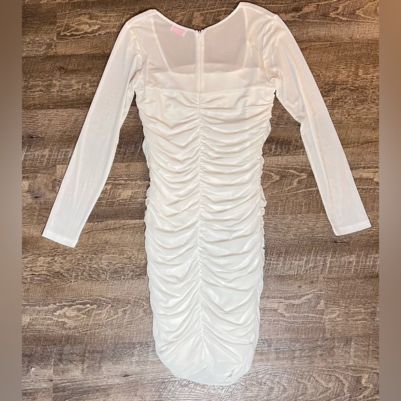 Pink Lily White Ruched Bodycon Dress L Sheer Mesh Long Sleeve Romantic - Picture 7 of 11